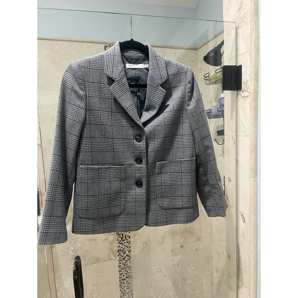 See By Chloe Womens Grey Wool Plaid 3 Button Blazer Jacket Elbow Patch 6